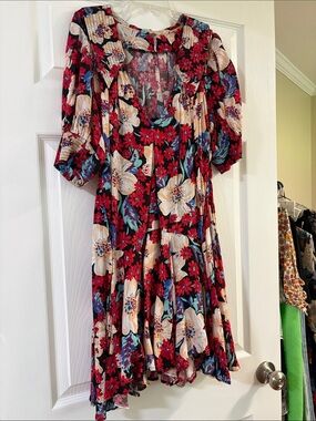 Free People Floral Swing Dress with Puff Sleeves - Red & Cream